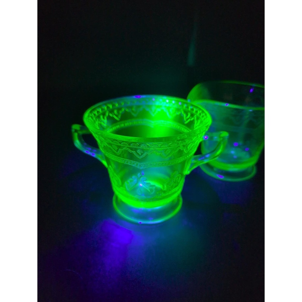 Vintage Green Uranium Patrician Spoke Pressed Glass Open Sugar & Creamer